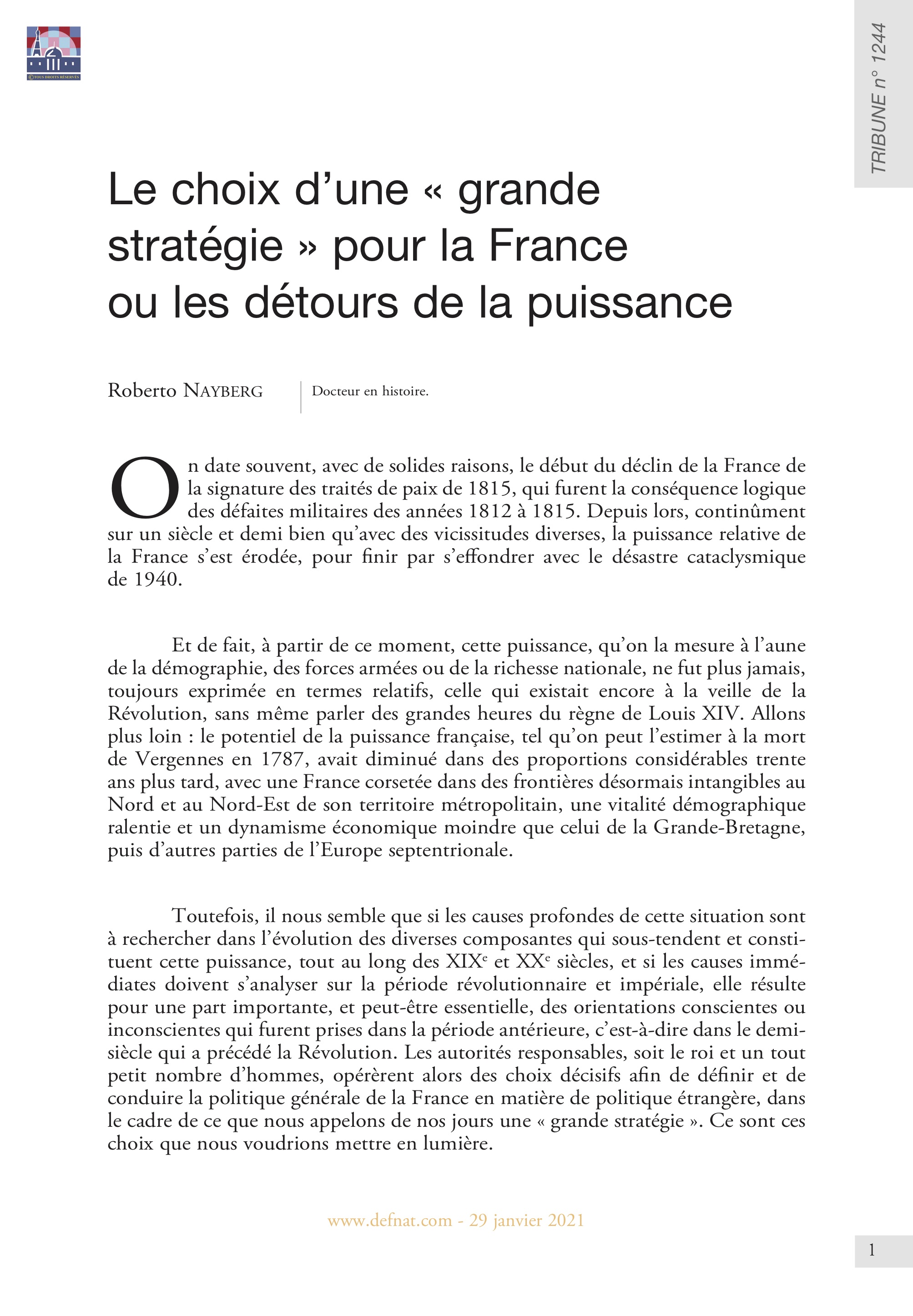 Le choix d’une « grande stratégie » pour la France ou les détours de la puissance (T 1244)
